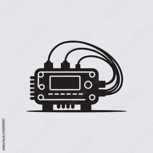 A stylized black and white illustration of a radio or circuit board device with connecting wires against a gray background