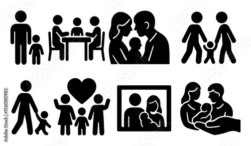 Family, parenting silhouette icon set: parents, children, love, relationships