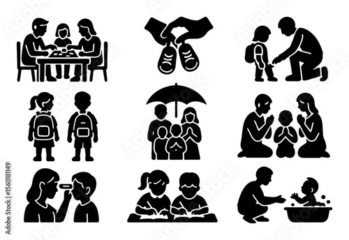 Family, parenting silhouette icon set. childcare, education, daily life icons collection