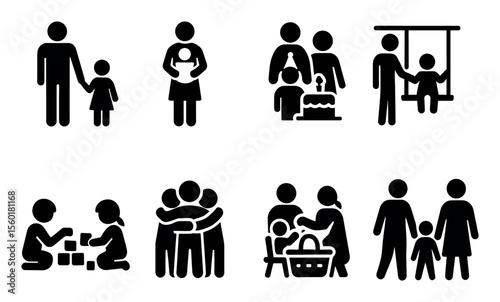 Family activities silhouette icon set. parenting, kids playing, celebrations icons
