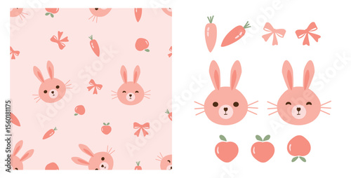 Seamless pattern with bunny cartoons, carrot, ribbon bows and peach fruit on pink background. Rabbit, carrot, ribbon bows and apricot fruit with green leaves icon set isolated on white background.