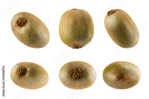 Kiwi fruit assortment, isolated on white background. Whole green kiwi fruit from different sides, studio shot. Set for advertising, design.