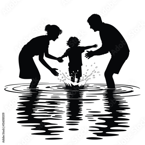 Child playing joyfully, splashing water, silhouette vector on white background
