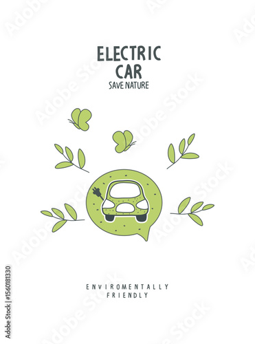 Vector hand drawn sketch of elecrtic car with green leaves. illustration of Environmentally friendly planet. Think Green. Alternative energy concept.