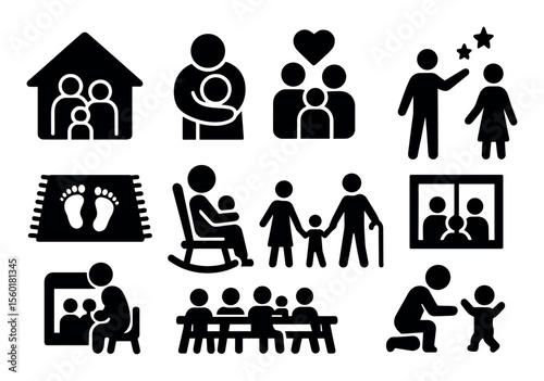 Family silhouette icon set. household, parenting, relationships silhouette collection