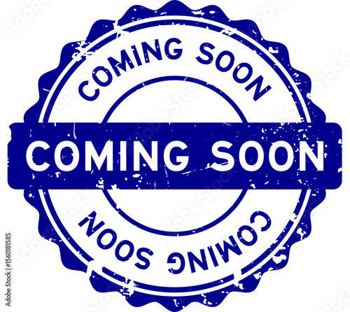 Grunge blue coming soon word round seal stamp on white background