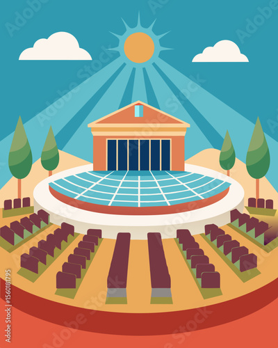 A renowned amphitheater its stage now equipped with solar panels allowing for ecofriendly performances while maintaining its historical charm.. Vector illustration