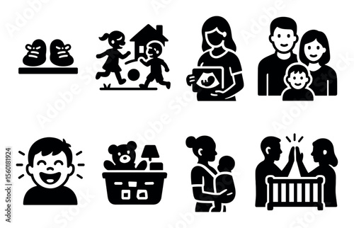 Family and childhood solid icon set: parenting, kids, and baby care icons collection
