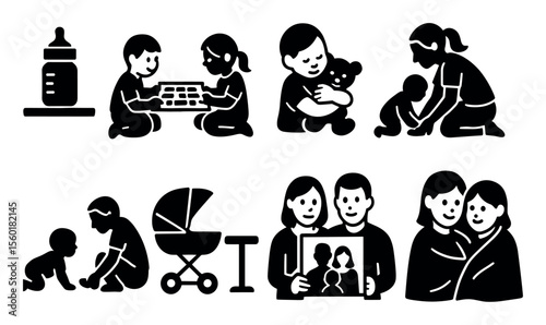 Family and parenting solid icon set: baby, child care, mother, father, silhouette collection