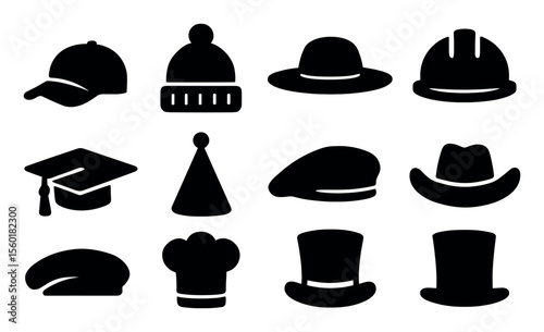 Headwear silhouette icon set. hats, caps, and helmets in black silhouette style