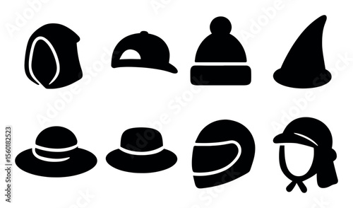 Headwear, hat silhouette icon set. caps, headgear style silhouette collection