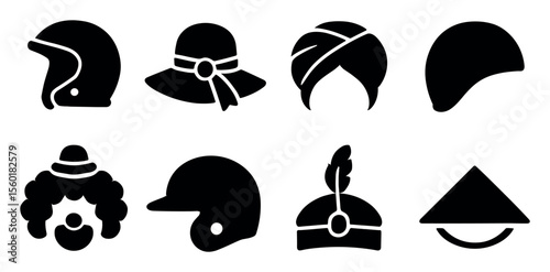 Hat silhouette icon set. collection of diverse headgear in silhouette style