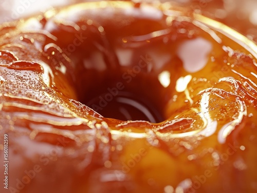 Close-up of a classic glazed doughnut, shiny and golden brown