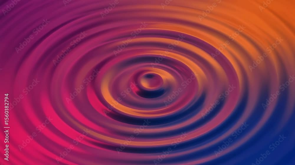 Abstract concentric water ripple waves in gradient orange to purple shades, with a smooth surface. 4K motion purple water waves ripples with orange light sunset reflection.