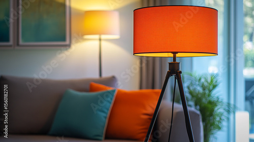 A trendy black tripod lamp with an orange shade brightens any room, serving as both functional lighting and artistic decor