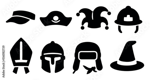 Hat silhouette icon set featuring pirate, jester, and firefighter hats