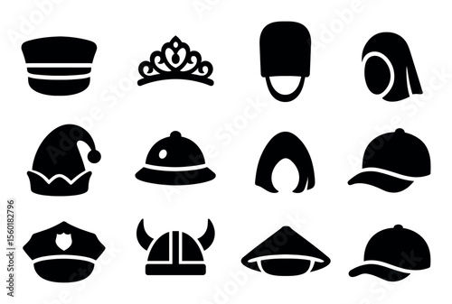 Hat and headwear silhouette icon set. caps, helmets, crowns silhouette collection