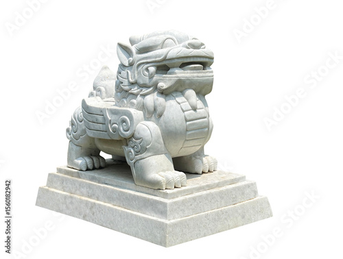 Isolated Traditional Lion Stone of Chinese arts on white background. Art object for Feng Shui decoration.