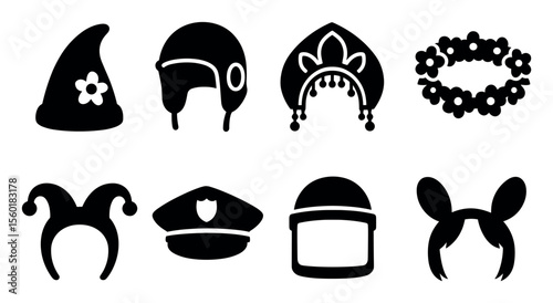 Headwear silhouette icon set. hats, headpieces in classic silhouette style