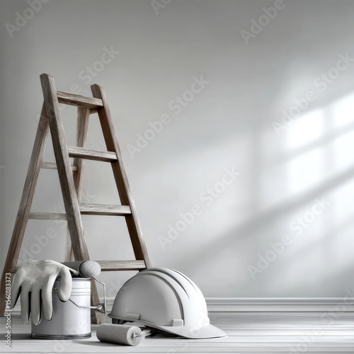 Wooden ladder, white hard hat, paint can, gloves, and roller on floor in bright minimalist room, renovation and construction concept