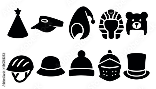 Hat and headwear solid icon set, including helmet, cap, beret, modern collection