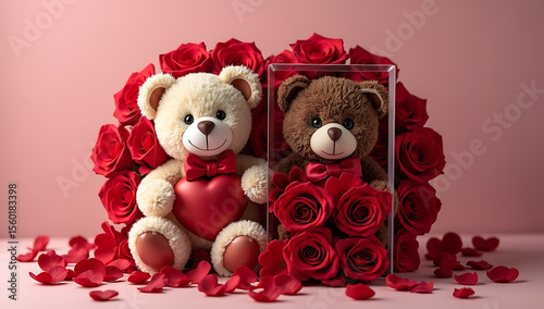 A cute teddy bear surrounded by red roses and a gift box, with a sweet, loving vibe perfect for Valentine's Day  4K and HD image.
