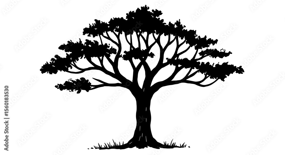 Obraz premium Tranquil Tree Silhouette: A captivating silhouette of a majestic tree, its intricate branches reaching towards the sky. This image evokes a sense of peace, tranquility.