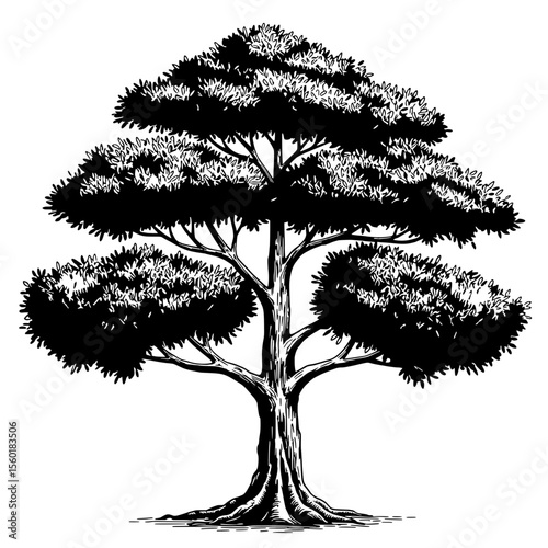 Ancient Oak: A majestic oak, rendered in intricate detail, stands as a timeless symbol of strength, wisdom, and longevity. Its dense foliage and sturdy trunk embody nature's enduring power.