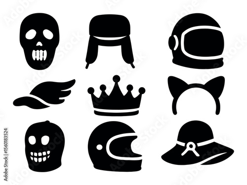 Skull, helmet silhouette icon set. variety of bold, simple silhouette designs