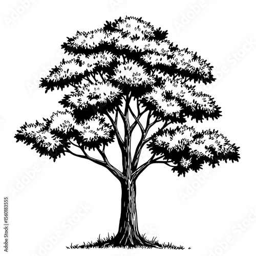 Solitary Tree: A monochrome depiction of a majestic tree, its branches reaching skyward, with detailed textures showcasing the intricate beauty of nature.