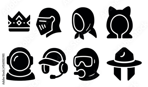 Avatar and headwear solid icon set with diverse character head icons collection