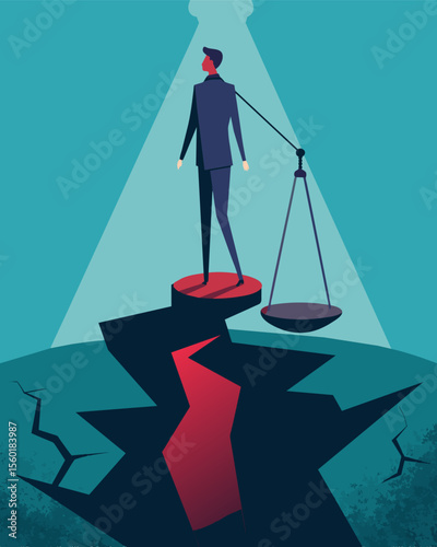 A shadowy figure standing on a scale that is cracked and splintered reflecting the fragility of their sense of selfworth.. Vector illustration