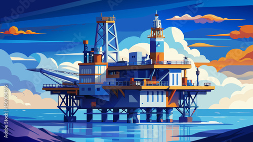 A stunning watercolor depiction of an offshore oil rig platform set in the vast ocean, blending soft hues of blue and gray to capture the harmony between industrial structure and seascape beauty.