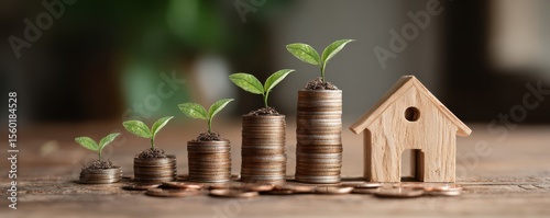 Growth of Wealth Represented by Coins with Plants and a Wooden House Symbolizing Prosperity and Real Estate Investment