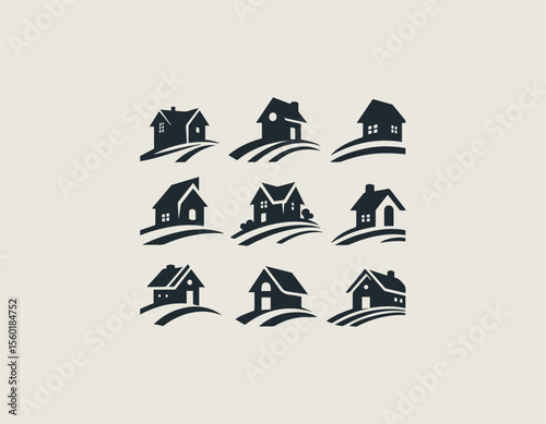 Collection of diverse black house silhouettes gracefully situated on gentle curved landscapes. Real estate concept