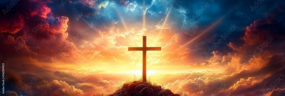 Fototapeta premium Dramatic Sky Over Golgotha Landscape Featuring Symbolism and Inspiration in Jesus on Hill