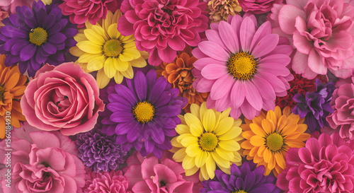 A vibrant and colorful collection of various blooming flowers, including roses, daisies, and dahlias, arranged in a dense, floral display.