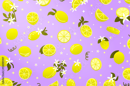 Citrus Lemon fruit patterned background banner with pouring sunlight from upper right corner on background. Scattered lemon and lemon slices with leaves and flowers. Summer Background.