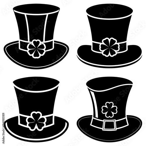 Four black st patrick's day top hats with shamrocks and hat bands in a vector image design set