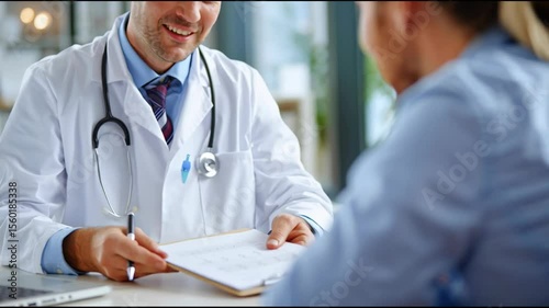 A friendly doctor reviewing patient information with a happy smile during a consultation.