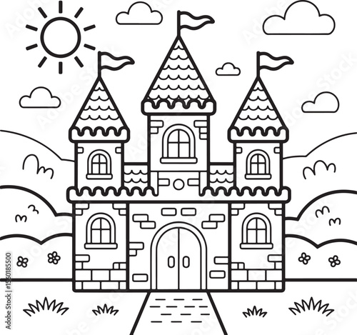 Vector illustration of a medieval castle and old town city buildings
