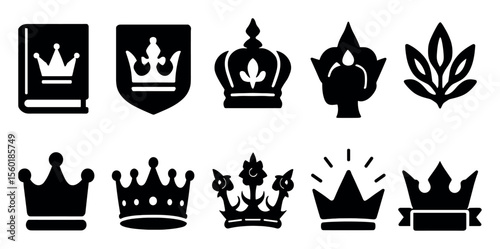 Royal theme silhouette icon set. crowns, shields, regal symbols in silhouette style