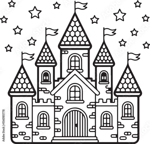 Vector illustration of a medieval castle and old town city buildings