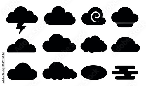 Weather, cloud silhouette icon set. storm, wind, rain symbols silhouette collection