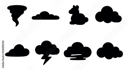 Weather silhouette icon set: clouds, storms, tornadoes, flat design collection
