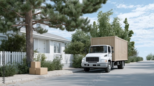 Delivery truck parked in quiet suburban neighborhood, unloading parcels, peaceful residential street, courier service in action, calm and safe environment