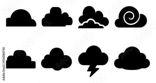 Weather silhouette icon set: clouds, storms, rain in bold silhouette design