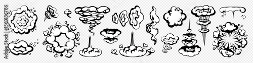 Cartoon comic cloud smoke puff with motion effect, isolated on transparent background. Vector explosion and vapor elements in comic style. Ideal for stickers, games, comics, and animation