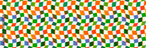Wavy checker pattern background with orange, green, blue, yellow, pink and white with multiply effect. Seamless retro psychedelic vector for packaging, decor or party designs. Drag to swatches panel