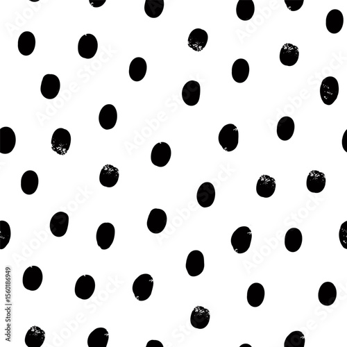 Polka dot seamless pattern in black and white. Hand drawn vector design with rough dots and grungy texture. To use, drag into swatches panel